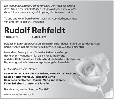 Traueranzeigen Von Rudolf Rehfeld M Rkische Onlinezeitung Trauerportal