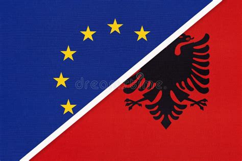 European Union Or Eu Vs Albania National Flag From Textile Symbol Of