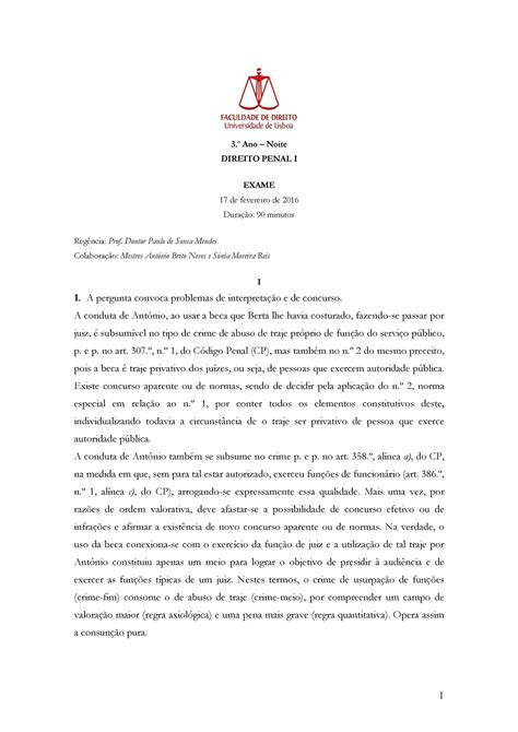 Grelha De Correcao Exame Direito Penal I Fev Tan Ano