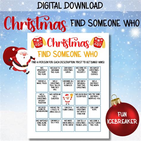 Printable Christmas Find The Guest Bingo Game Find Someone Who Jingle