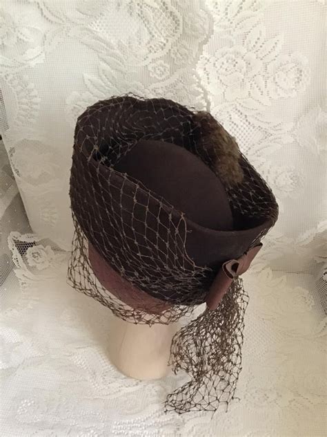 Vintage 1940 S Hat RARE Tall Tilt Hat Dark Brown With Gem