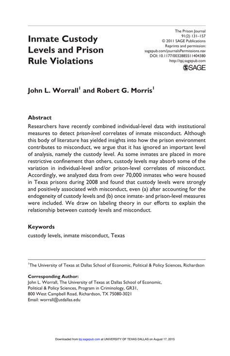 Pdf Inmate Custody Levels And Prison Rule Violations