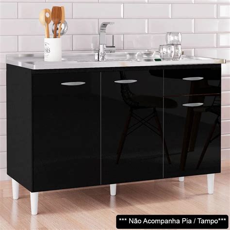 Balcão Gabinete de Pia para Cozinha 120cm 3 Portas Classic P11 Preto