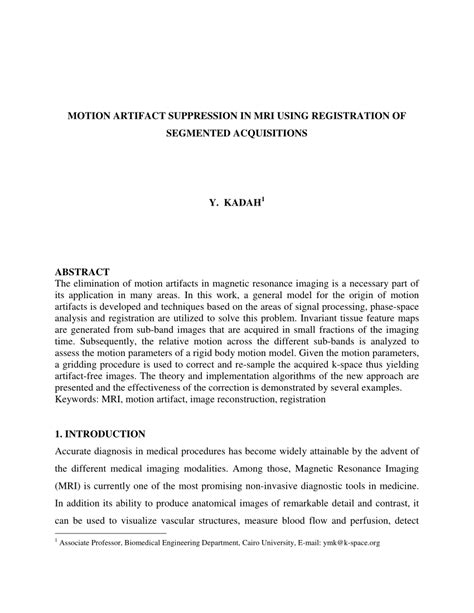 PDF Motion Artifact Suppression In MRI Using Registration Of