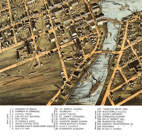 Milwaukee Wisconsin In 1872 Birds Eye View Map Aerial Panorama