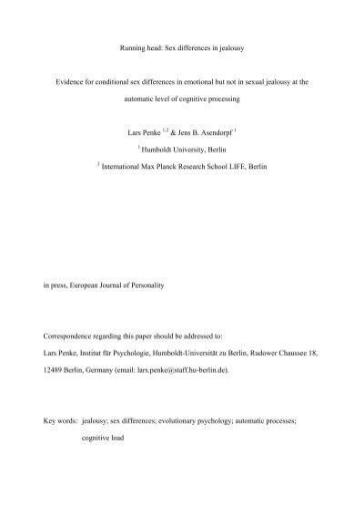 Running Head Sex Differences In Jealousy Evidence For Conditional