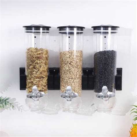 Triple Cereal Dispenser Dry Food Container Wall Mounted Kitchen Storage