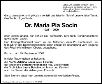 Traueranzeigen Von Maria Pia Socin Trauer Bz