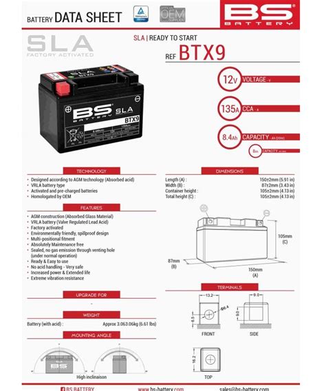AKUMULATOR / BATERIJA BS BATERY BTX9 (YTX9-BS) SPEC: 12V, 8AH, 135A ...