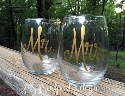 Mr And Mrs Wine Glass Set Stemless Wine Wedding T Etsy