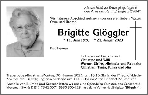 Traueranzeigen Von Brigitte Gl Ggler Allg Uer Zeitung