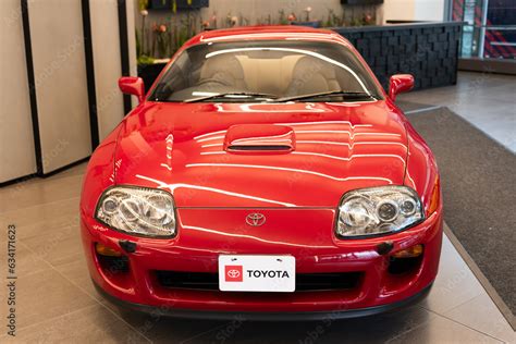 New York City, USA - July 23, 2023: toyota supra 1994 sports car red color, front view Stock ...