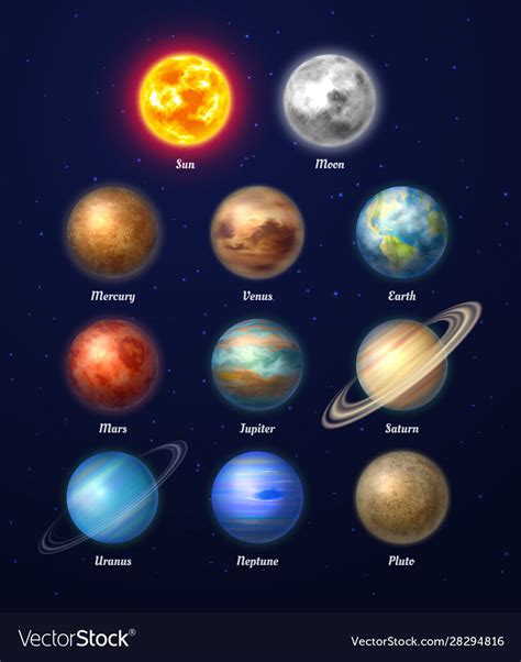 Colorful sun moon and nine planets Royalty Free Vector Image