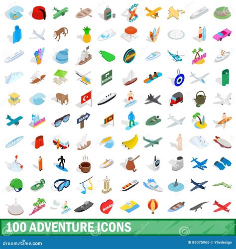 100 Adventure Icons Set Isometric 3d Style Stock Vector Illustration