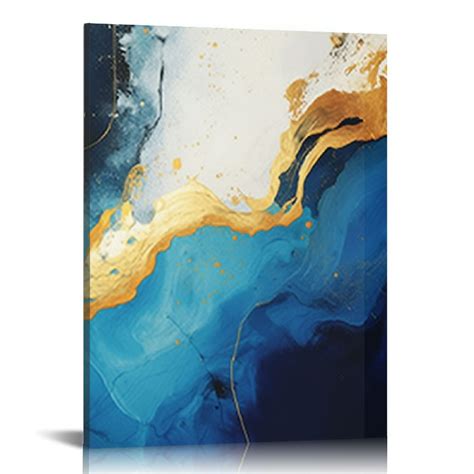 Canflashion Navy Blue And Gold Abstract Wall Art Blue White And Gold Painting Modern Abstract