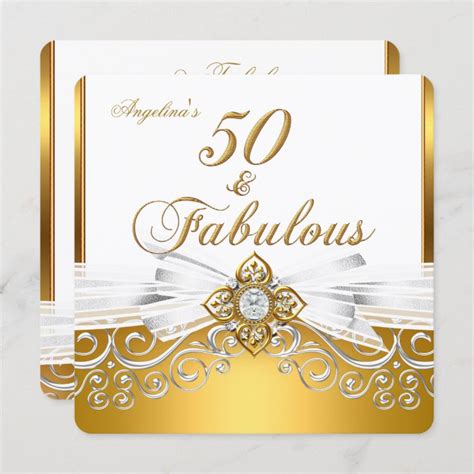 Fabulous 50 White Gold Damask Birthday Party Invitation Zazzle