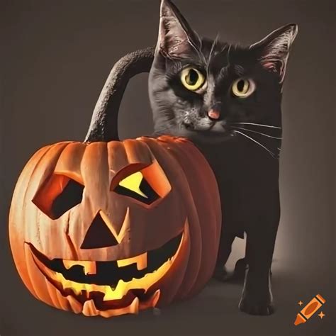 Hyperrealistic Halloween Scene With Jack O Lantern Black Cat And Witch