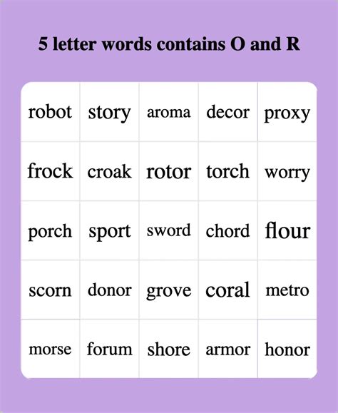 5 Letter Words Containing O And R Bingo Card Creator