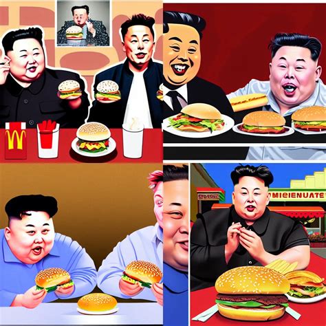 Krea Thick Obese Kim Jong Un And Elon Musk Eating Mcdonalds Hamburgers At A Nightly Cafe In