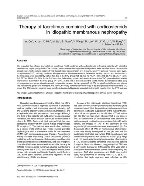 Pdf Therapy Of Tacrolimus Combined With Corticosteroids In Idiopathic Membranous Nephropathy