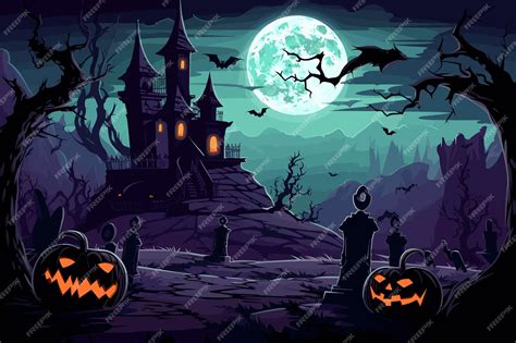 Premium Vector Happy Halloween Scary Castle Night Big Moon Bats And Ghost Landscape