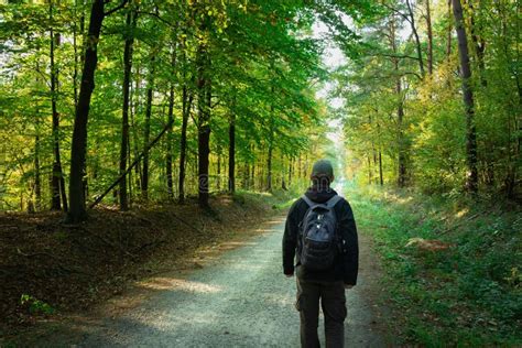 A Man With A Backpack Walking Down A Forest Road Stock Image Image Of