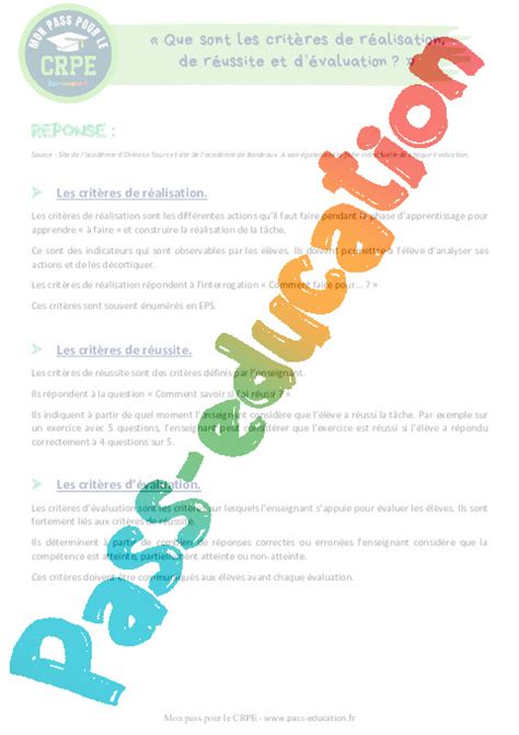 Que Sont Les Crit Res De R Alisation De R Ussite Et D Valuation