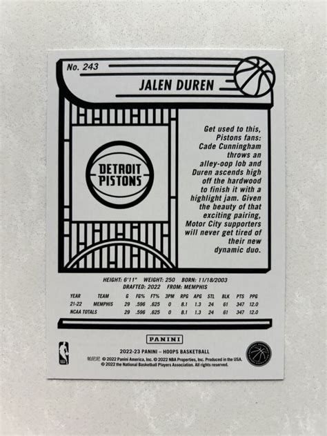 2022 NBA Hoops Jalen Duren 243 RC Rookie Detroit Pistons EBay