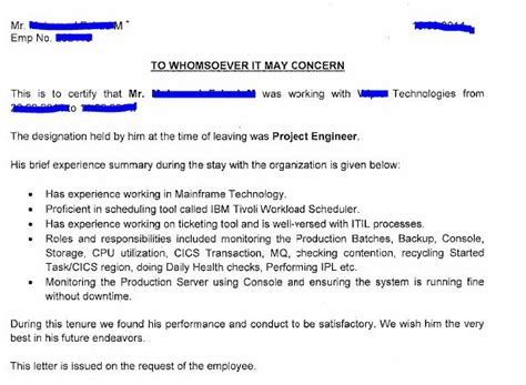 It Candidate Experience Experience Letter Sample For It Companies Such