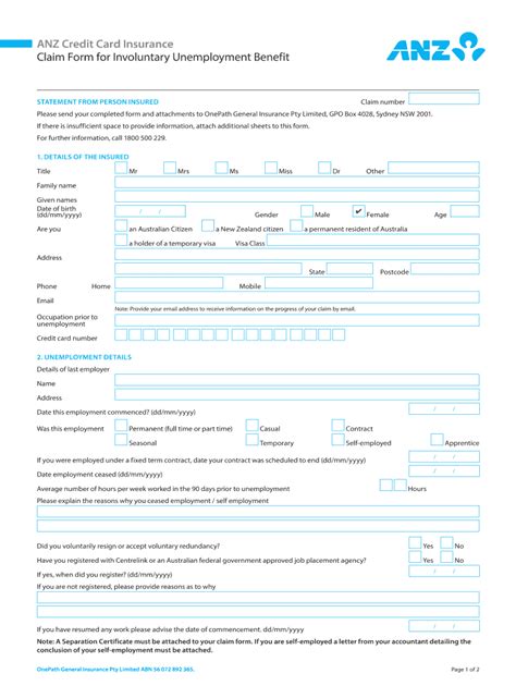 Fillable Online ANZ Credit Card Insurance Unemployment Claim Form ANZ