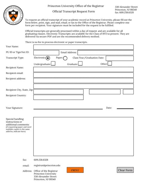 New Jersey Official Transcript Request Form Princeton University