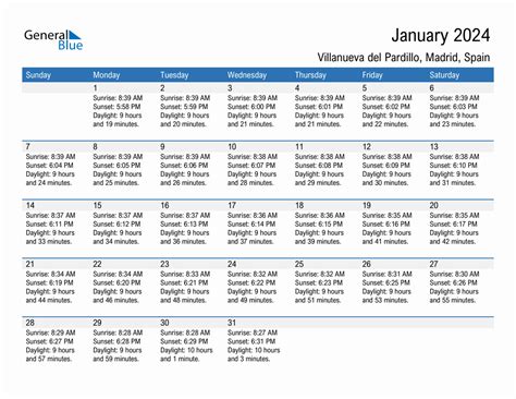 January Sunrise And Sunset Calendar For Villanueva Del Pardillo