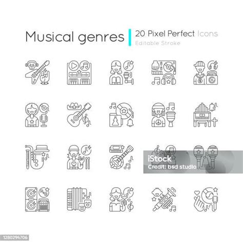 Muzikale Genres Pixel Perfecte Lineaire Pictogrammen Set