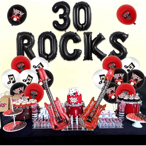 JOYMEMO Rock And Roll 30th Birthday Red And Black 30 Rocks Balloons