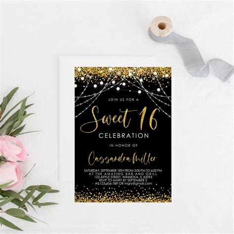 Editable Black Gold Birthday Invitation PRINTABLE Sweet - Etsy