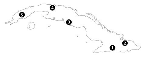 Map of Cuba island with locality indication (1 – Sierra Maestra, 2 ...