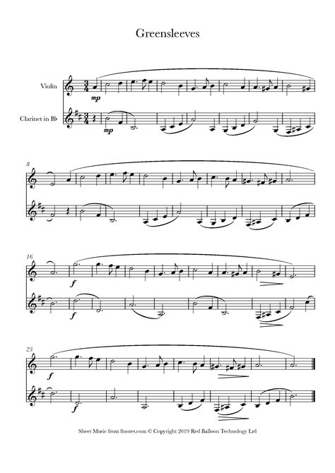 Greensleeves Sheet Music For Clarinet Violin Duet 8notes