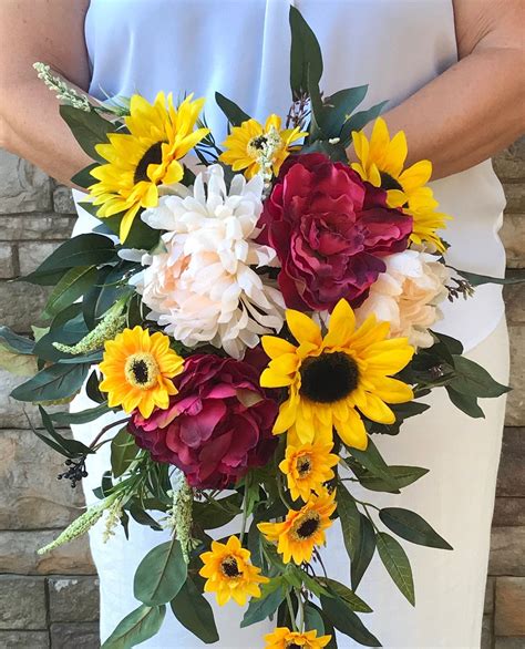 Boho Burgundy Sunflower Cascading Silk Bridal Bouquet Burgundy Sunflower Bouquet Sunflower