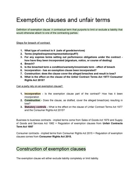 Exemptionclauses And Unfair Terms Exemption Clauses And Unfair Terms