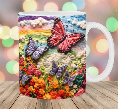 3d Embroidered Butterfly Flowers Mug Wrap 11oz And 15oz Mug Etsy Mug