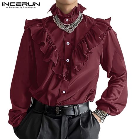 Incerun Homens Coreanos Da Moda Ruffles Patchwork Casual Camisas De