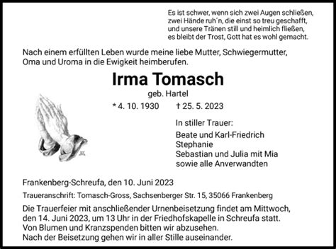 Traueranzeigen Von Irma Tomasch Trauer Hna De