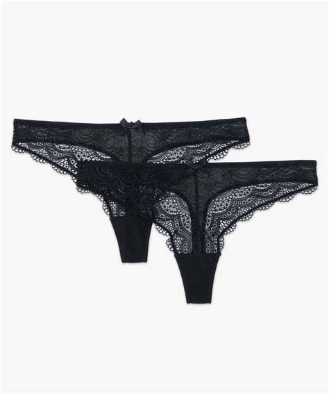 Gemo Lingerie String En Dentelle Et Tulle Femme Lot De Noir Strings