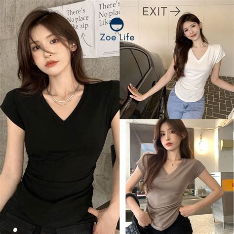 Women S Crop Tops Big Tits Solid Color Round Neck Sexy Cute V Neck Tights Shopee Philippines