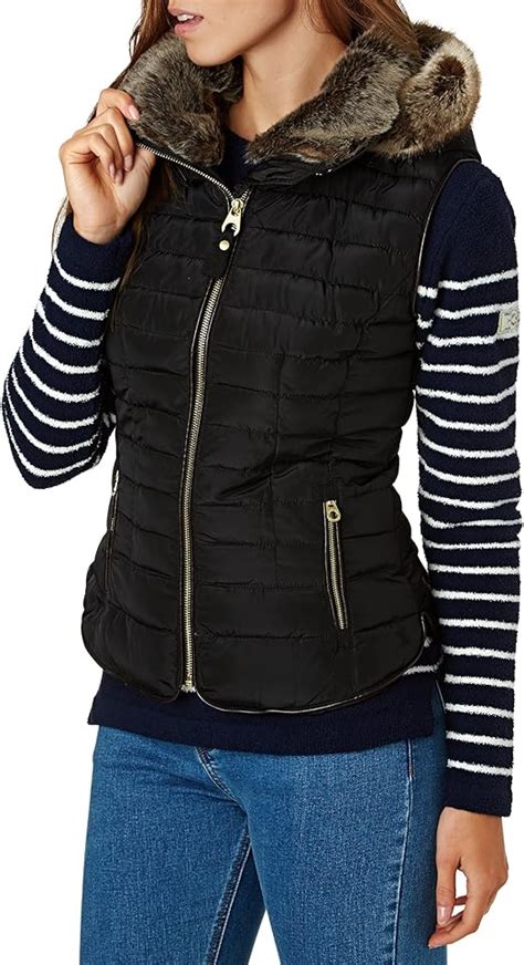 Joules Melbury Womens Padded Gilet Faux Fur Hood Trim Marine Navy