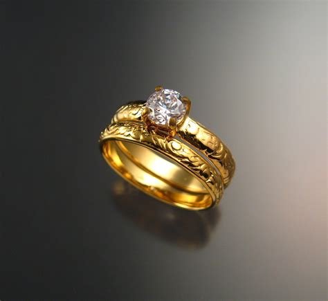 White Zircon Wedding Set In 14k Yellow Gold Diamond Substitute Victorian Engagement Ring Made To