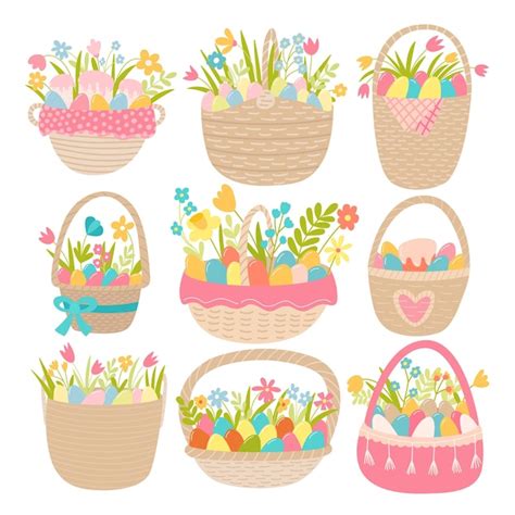 Premium Vector Different Easter Wicker Baskets Cartoon Set Spring Flowers And Eggs In Cute