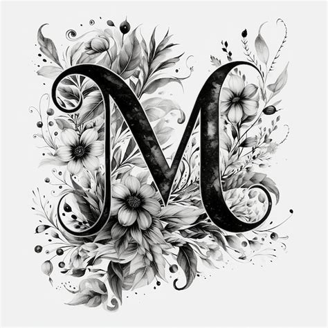 Premium Photo | A drawing of a floral design with the letter m in black ...