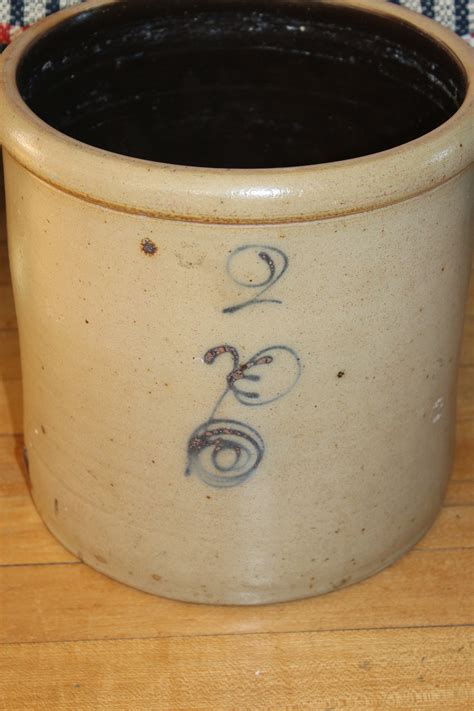 Stoneware Crock 2 Gal Salt Glaze Cobalt Blue Flower Antique 1800s