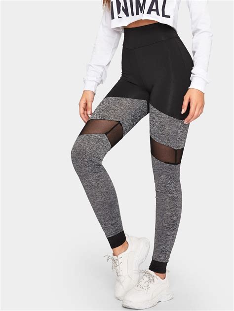 Two Tone Mesh Insert Leggings Sheinsheinside How To Wear Leggings